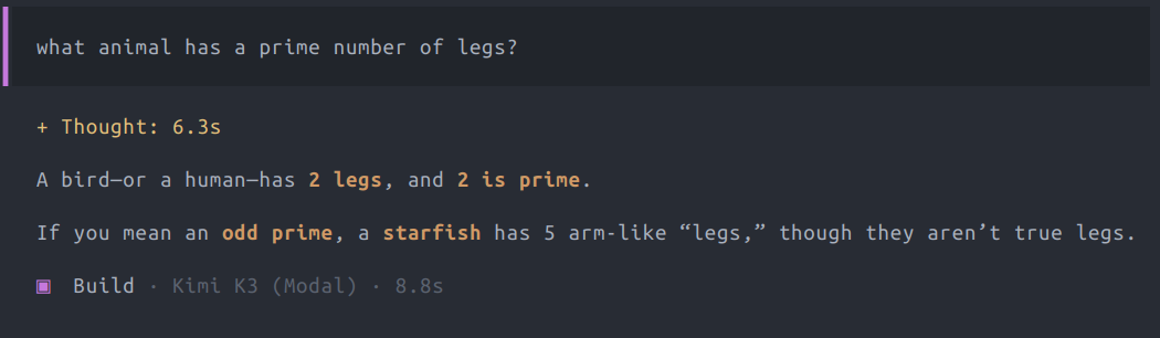 Kimi K3 (Modal, via OpenCode)